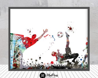 Football match Watercolor Print Poster Soccer Player shooting the ball at the goal illustration Sports Art Gift