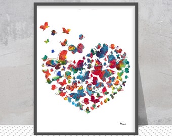 Valentine Heart Love Print Abstract Heart With Butterflies Watercolor Love Art Gift Poster Housewarming Art Bedroom Painting Valentine Gift