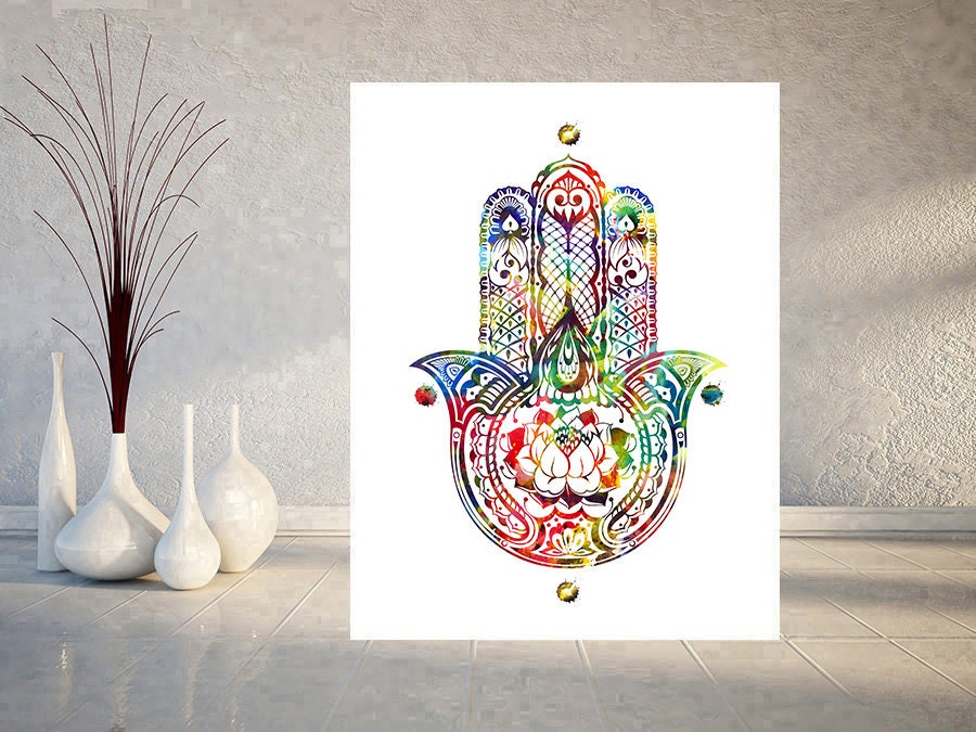 Indian hand watercolor print hamsa hand poster protective hand | Etsy