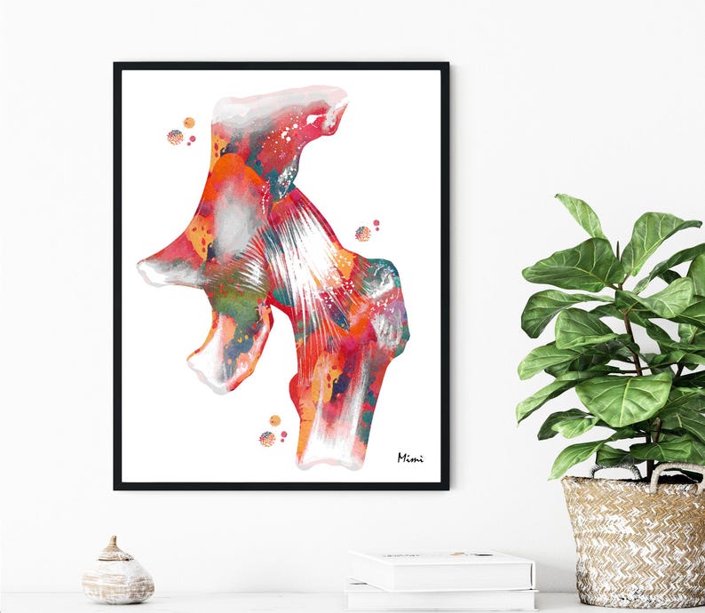 May include: A framed watercolor print of a hip joint, featuring vibrant hues of red, orange, and blue. The artwork has a white background and is signed by the artist. The print is displayed in a black frame.