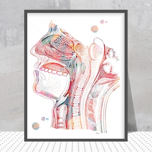 Respiratory System Print Nose Mouth Throat Larynx Poster Air Pathway ENT Watercolor Medical Clinic Decor Anatomy Art Gift