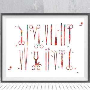 Surgical Tools Watercolor Print Anatomy Art Surgery Art Poster Scalpels Hemostats Clamps Giclee Print Medical Art Scrub NurseWall Art Gift