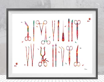 May include: A colorful illustration of various surgical instruments, including forceps, scalpels, scissors, and tweezers. The instruments are arranged in a vertical row on a white background.