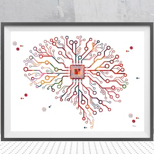 Brain Circuit Board Art Print Abstract Science Art Poster Human Brain With Neural Connections AI Watercolor Print Neurology Neuroscience Art