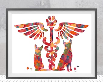 Veterinary Clinic Symbol Watercolor Print Veterinary Caduceus With Cat and Dog Illustration Veterinary Art Print Wall Decor Gift