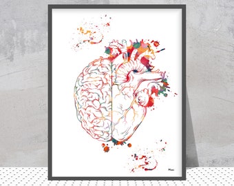 Heart And Brain Balance Print Brain&Heart Watercolor Cognitive Psychology Art Follow Your Heart vs Follow Your Brain Inspirational art