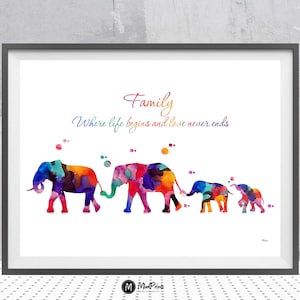 Elephants Family Print Quote Watercolor Where Life Begins And Love Never Ends Personalized Family Gift Poster Elephants Family Art