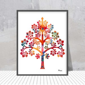 Stampa dell'albero della vita del Buddha Simbolo buddista Albero della Bodhi dorato Acquerello Arte spirituale Poster della stanza di meditazione yoga Il Vajrashila