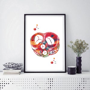 May include: A watercolor painting of a human heart, with red, orange, yellow, and green colors. The heart is shown in cross-section, revealing the chambers and valves.