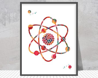 Watercolor Atom Science Art Print, Physics Wall Decor