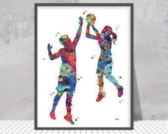 Basketball Sports Art Print Boy and Girl Playing Basketball Together Watercolor Poster Teen Basketball Print Basketball Kids Illustration