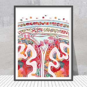May include: A framed watercolor print featuring a colorful abstract anatomical illustration. The artwork showcases a cross-section with layers of red, orange, blue, and white hues. The print is encased in a black frame, suitable for home or office decor.