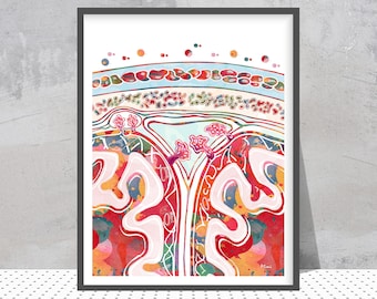 Lámina de capas de la corteza cerebral: Arte de la anatomía del cerebro, acuarela de la aracnoides, la piamadre y la duramadre, arte neurológico