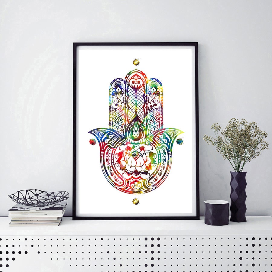 Indian hand watercolor print hamsa hand poster protective hand | Etsy