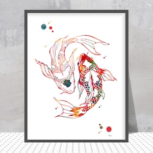 Koi Fish watercolor Print Yin Yang Koi Fishes Poster Chinese Carp fish poster Inspirational Art Goldfishes poster Wall art Gift