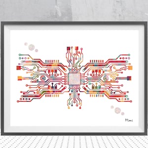 Computer Board Print Information Technology Watercolor Circuit Board Poster Motherboard With Binary Code Electronics Art Computer Expert Art