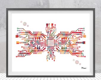 Computer Board Print Information Technology Watercolor Circuit Board Poster Motherboard With Binary Code Electronics Art Computer Expert Art