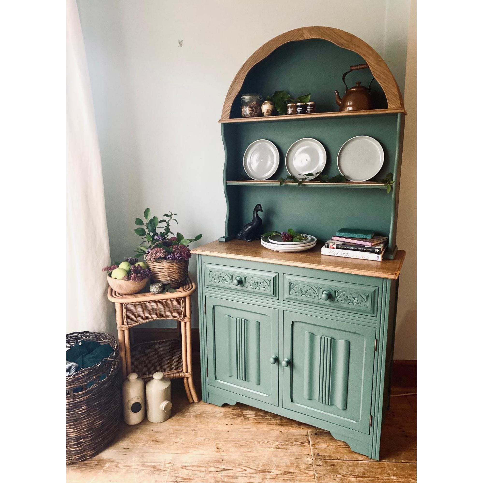 Hand Painted Green Welsh Dresser: Dutch Linen Fold Oak Hutch NOW