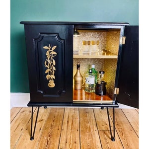 Black Cocktail Cabinet, NOW SOLD, Hand Painted Chinoiserie Lacquer Style Drinks Cabinet, Luxury Furniture, Black Gloss Furniture, Home Decor