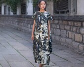 Womens Loose Fitting Printed Floral Retro Folk Cotton Linen Long Dresses With Pockets, Summer Loose Fitting Cotton Linen Robe, Green Dresses