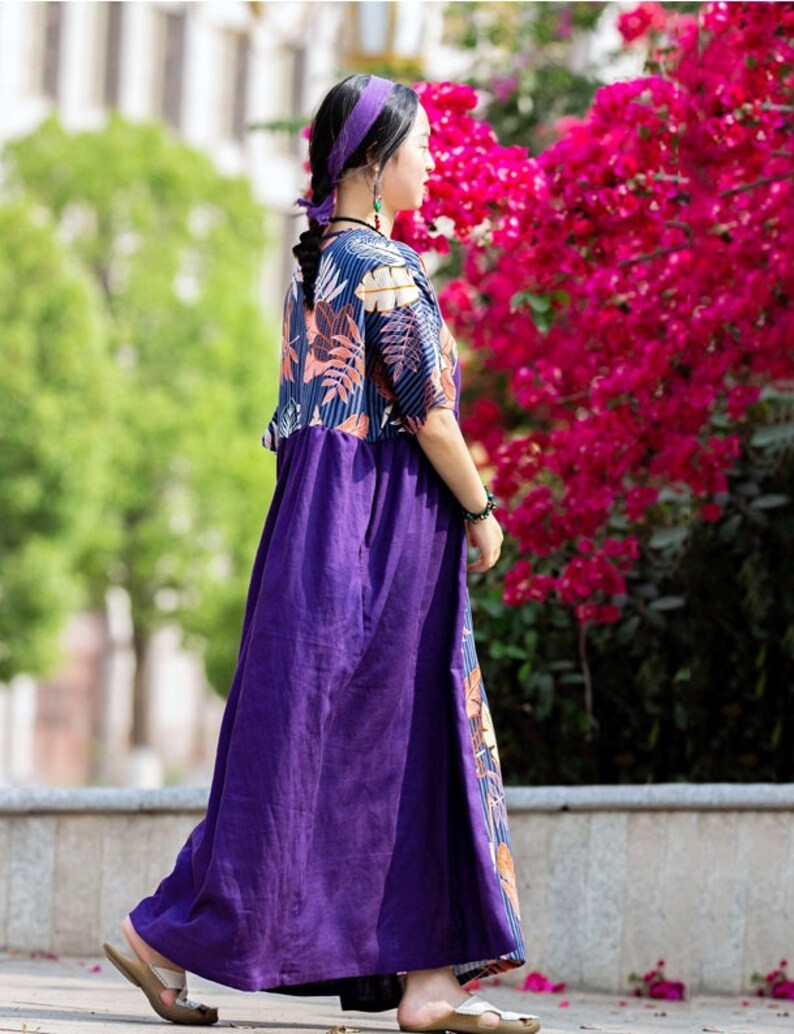 Summer Dress Womens Retro Summer Loose Fitting V Neck Printed Floral Patchwork Contrast Color Cotton Linen Dress With Pockets Casual Dress