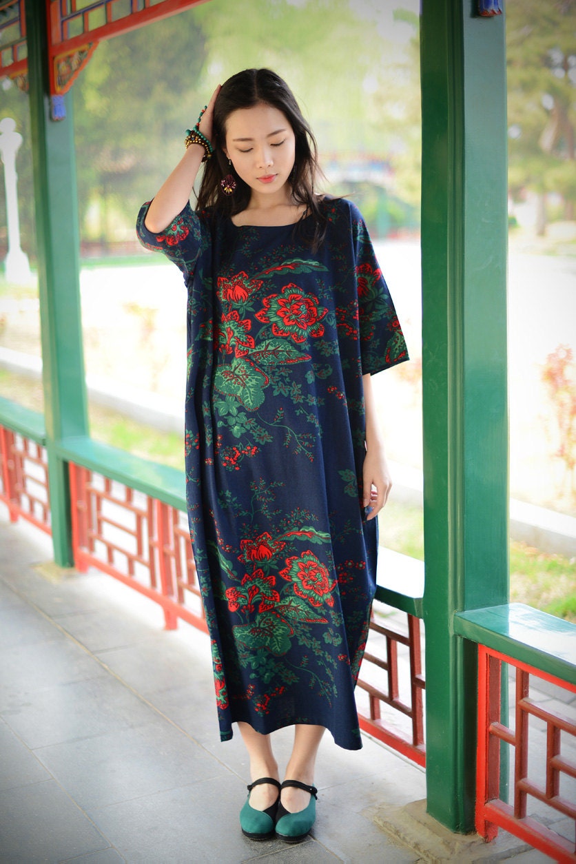 Plus Size Womens Chinoiserie Casaul Dress Printed Floral - Etsy