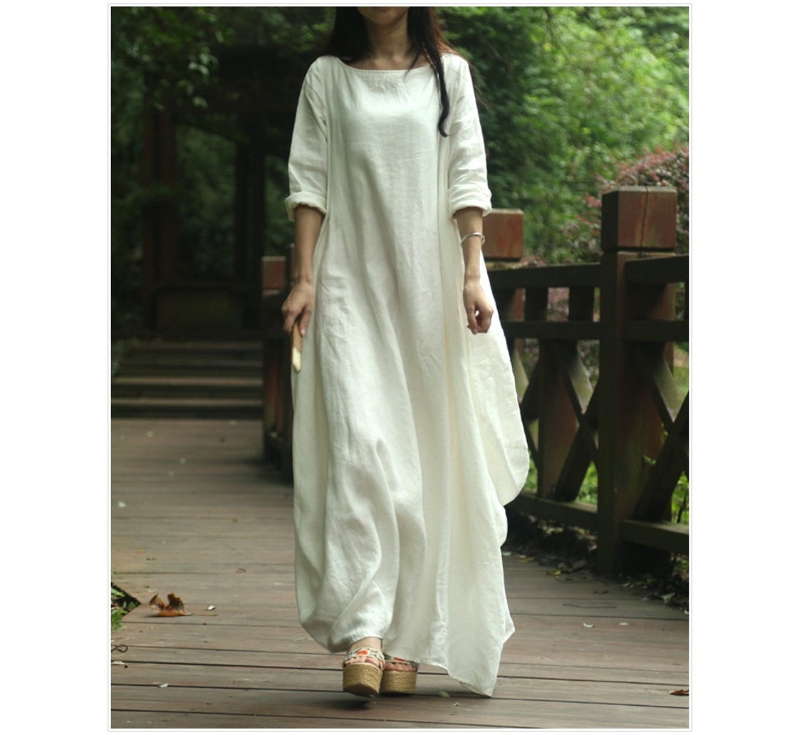 Womens Loose Fitting Long Sleeve Cotton Linen Long Dresses Etsy
