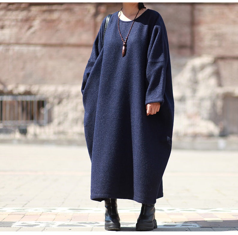 Wool Dress Winter Dress Long Dress Womens Winter Loose Fitting Oversized Thickening Warm Cashmere Tunic Dress With Pockets Casual Dress