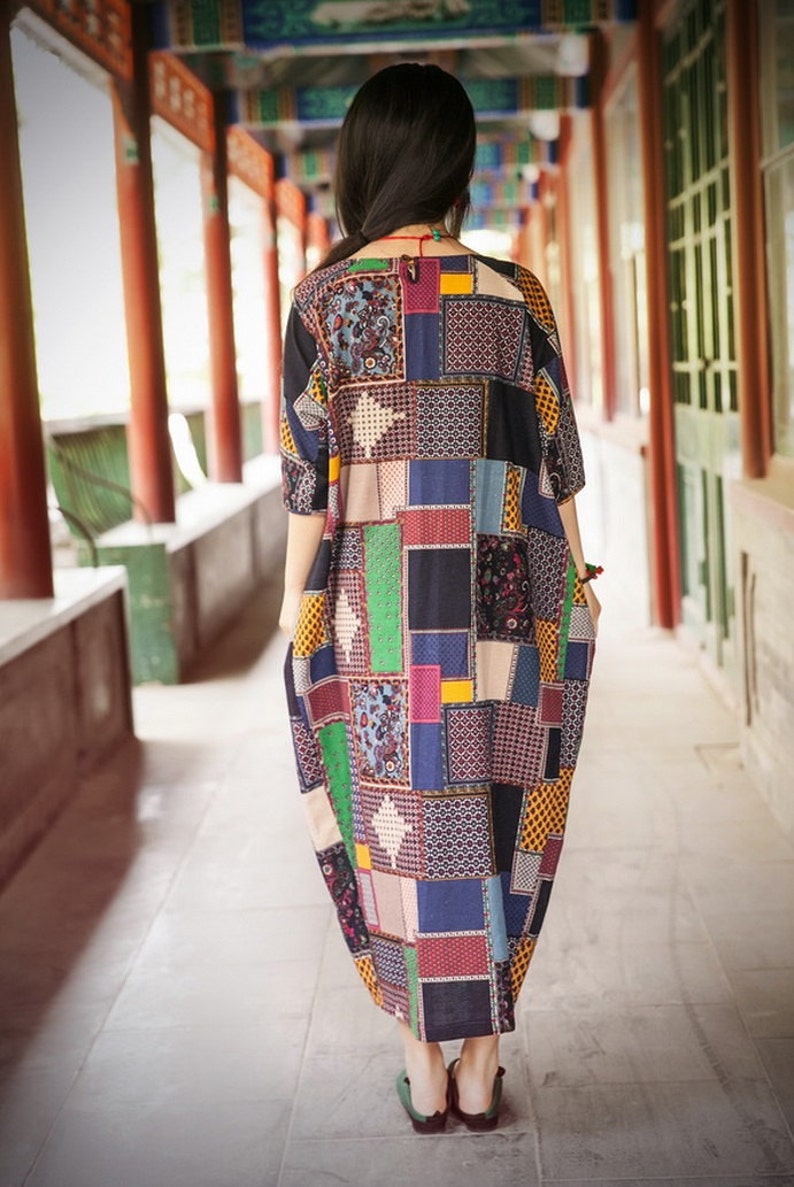 Womens Loose Fitting Linen Robe, Plus Size Grid Casual Cotton and Linen