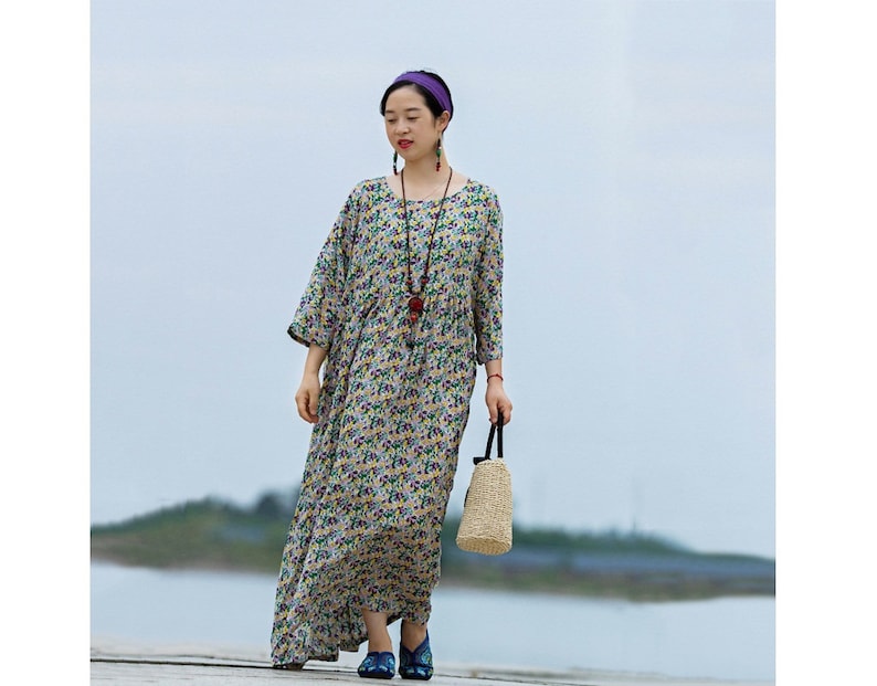 Bust160CM Casual Dress Summer Dress Travel Dress Womens Summer Loose Fitting Printed Floral Cotton Robe Dress With Pockets Long Dress