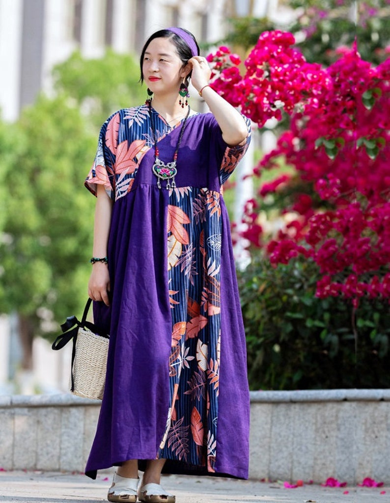 Summer Dress Womens Retro Summer Loose Fitting V Neck Printed Floral Patchwork Contrast Color Cotton Linen Dress With Pockets Casual Dress