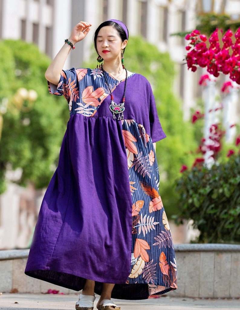 Summer Dress Womens Retro Summer Loose Fitting V Neck Printed Floral Patchwork Contrast Color Cotton Linen Dress With Pockets Casual Dress