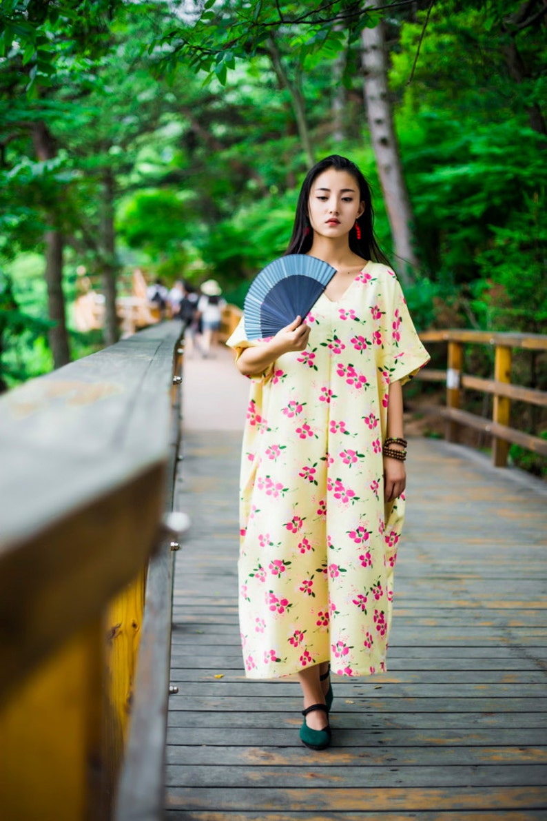 Linen Robe Retro Printed Floral V Neck Cotton and Linen Dresses Linen Dresses Summer Dresses Plus Size Dresses Bust140CM Long Tunic
