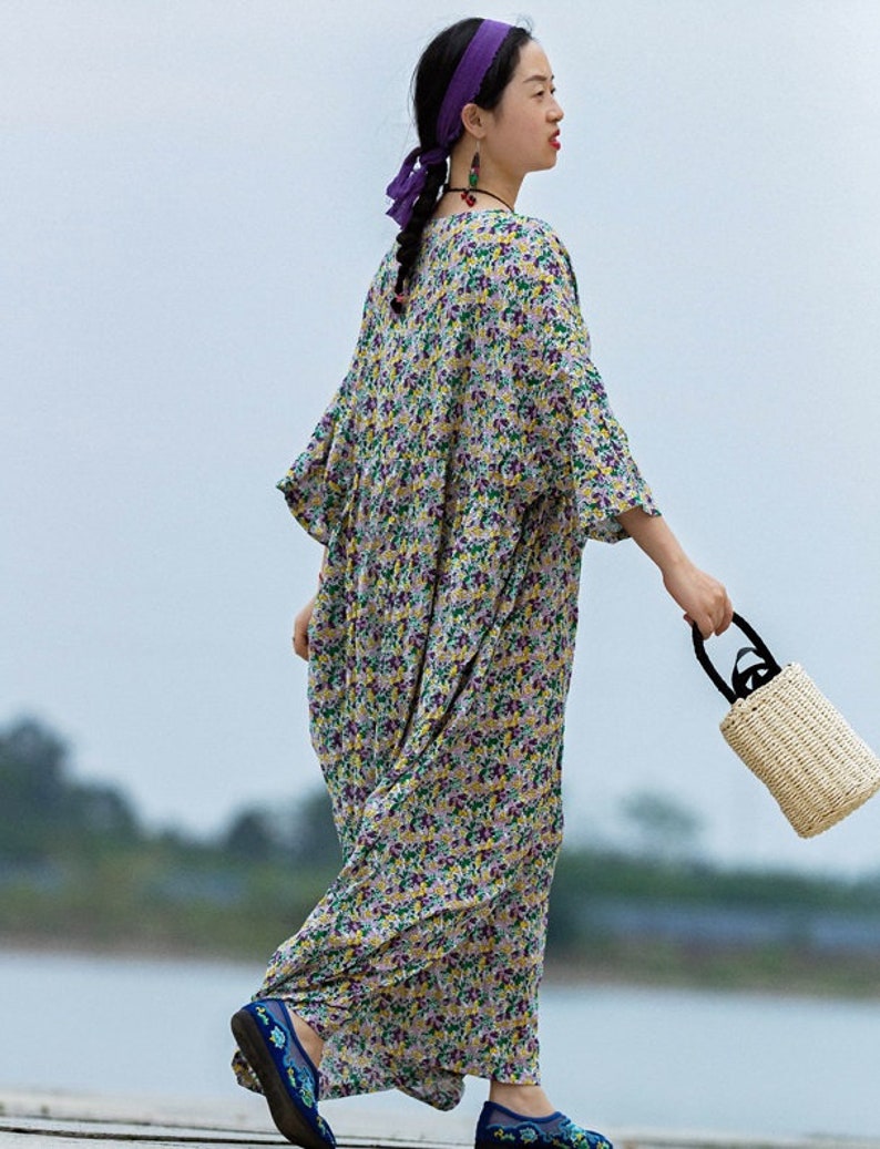 Bust160CM Casual Dress Summer Dress Travel Dress Womens Summer Loose Fitting Printed Floral Cotton Robe Dress With Pockets Long Dress