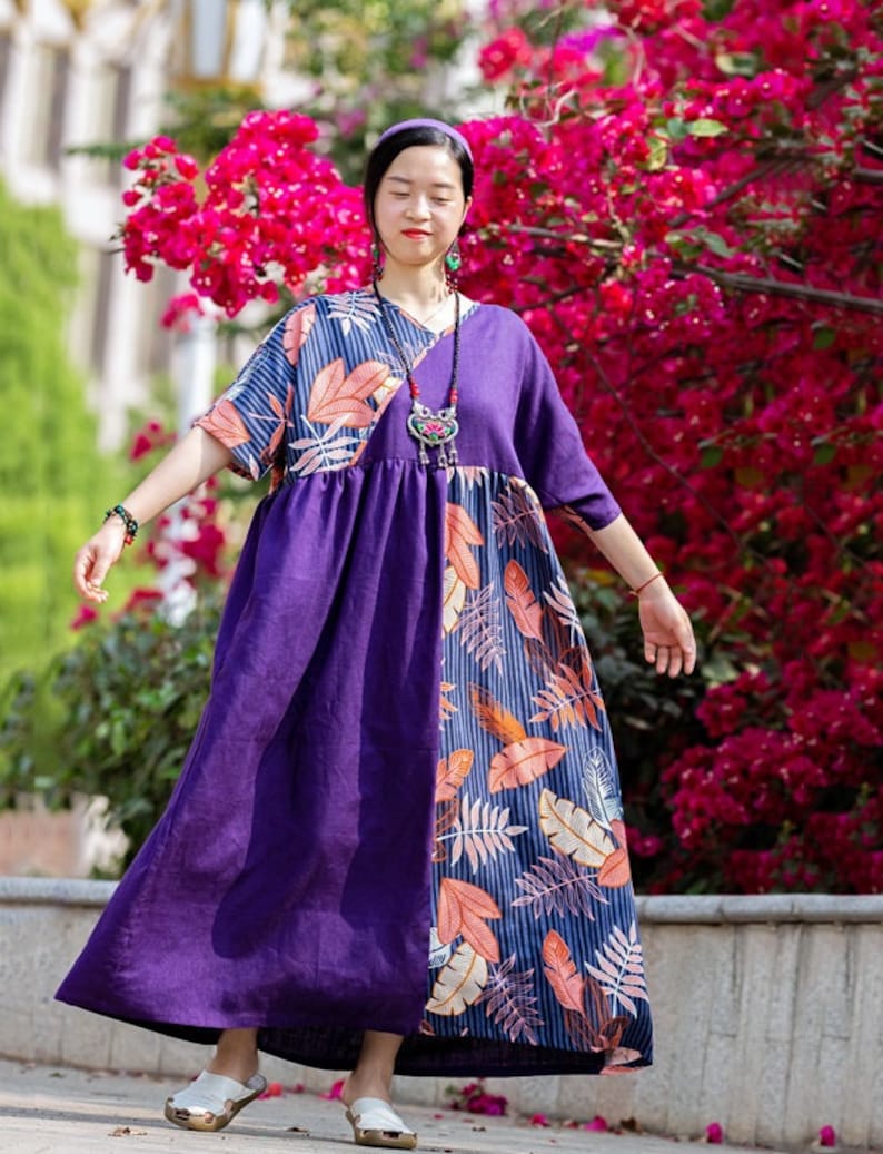 Summer Dress Womens Retro Summer Loose Fitting V Neck Printed Floral Patchwork Contrast Color Cotton Linen Dress With Pockets Casual Dress