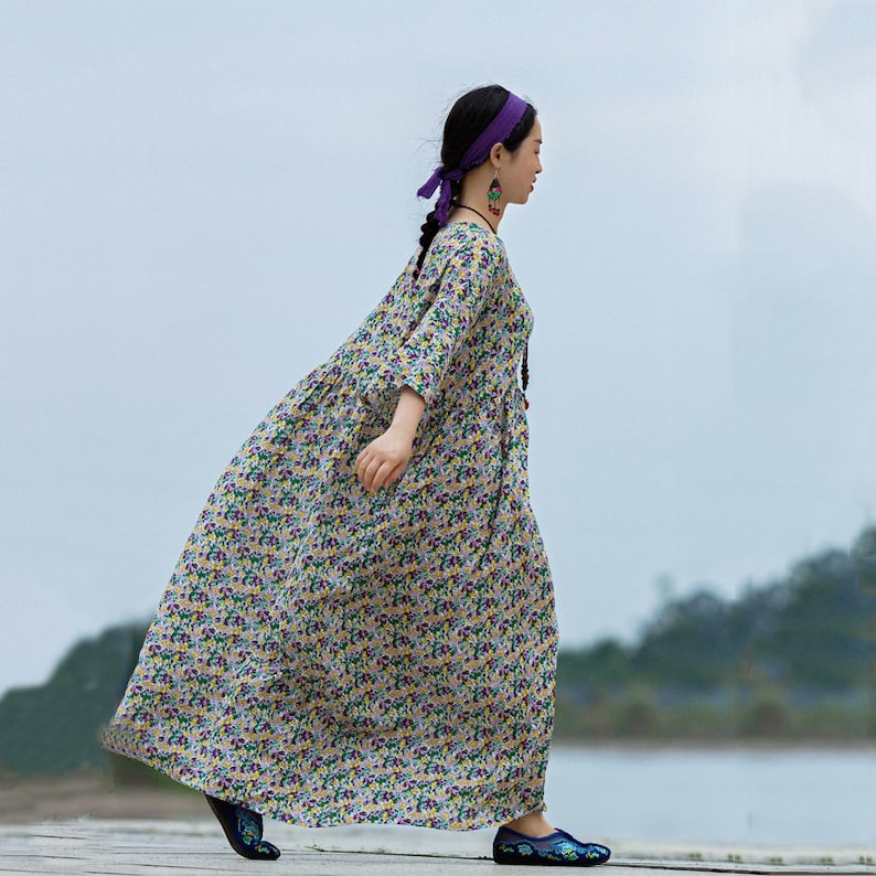 Bust160CM Casual Dress Summer Dress Travel Dress Womens Summer Loose Fitting Printed Floral Cotton Robe Dress With Pockets Long Dress