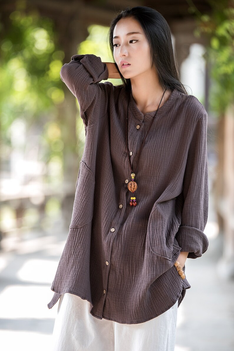Womens Loose Fitting Long Sleeve Cotton Linen Blouse Womens Etsy