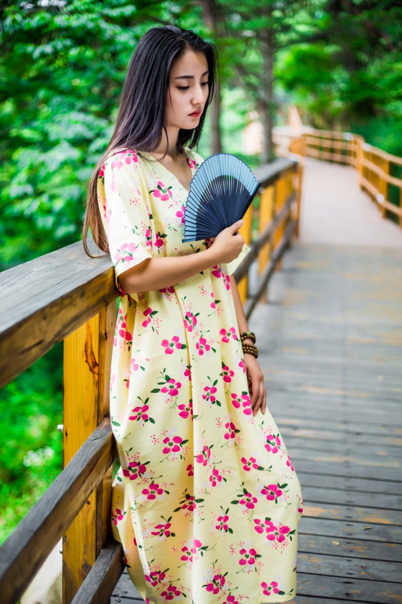 Linen Robe Retro Printed Floral V Neck Cotton and Linen Dresses Linen Dresses Summer Dresses Plus Size Dresses Bust140CM Long Tunic