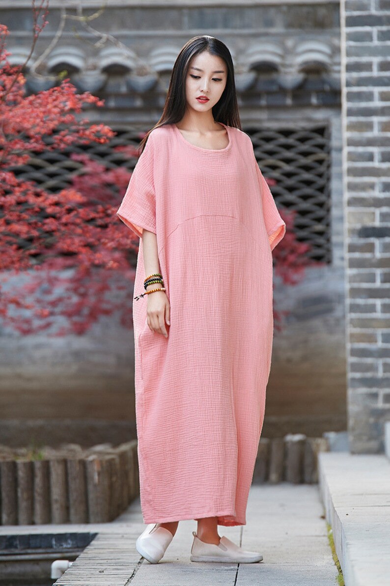 Womens Summer Retro Folk Style Loose Fitting Robe Dress With Pockets ...