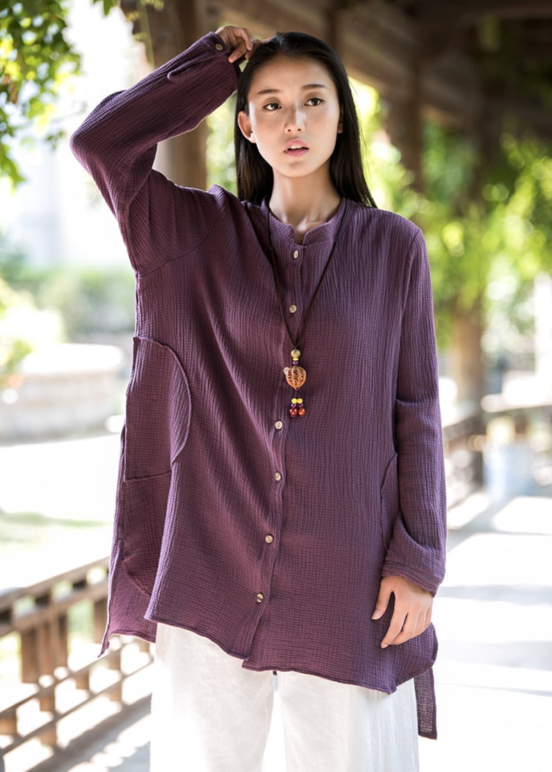 Womens Loose Fitting Long Sleeve Cotton Linen Blouse Womens Etsy