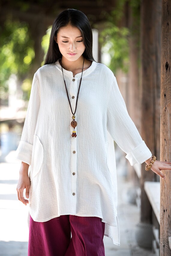 Womens Loose Fitting Long Sleeve Cotton Linen Blouse Womens