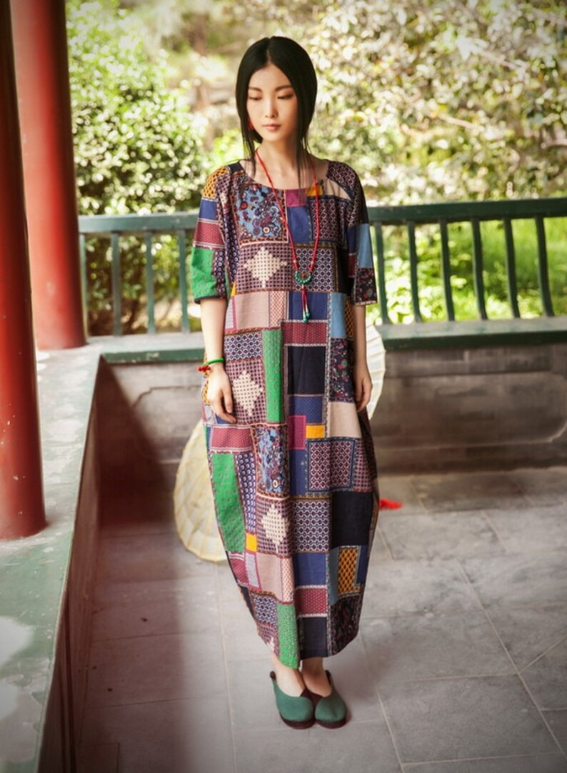 Womens Loose Fitting Linen Robe, Plus Size Grid Casual Cotton and Linen