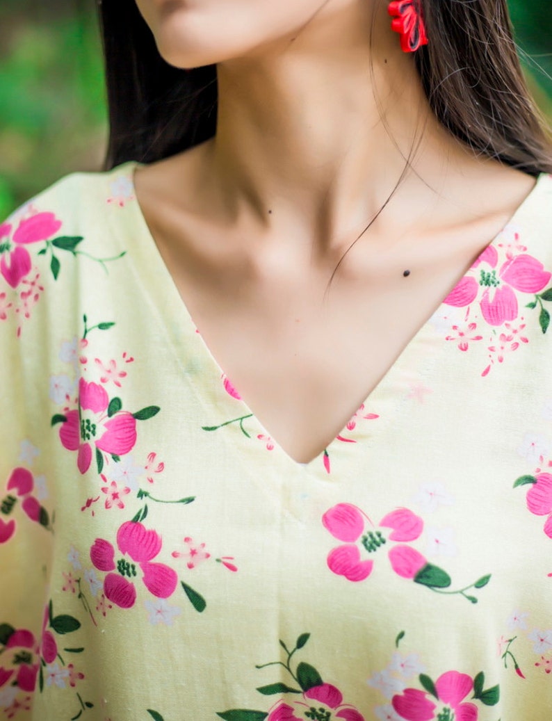 Linen Robe Retro Printed Floral V Neck Cotton and Linen Dresses Linen Dresses Summer Dresses Plus Size Dresses Bust140CM Long Tunic