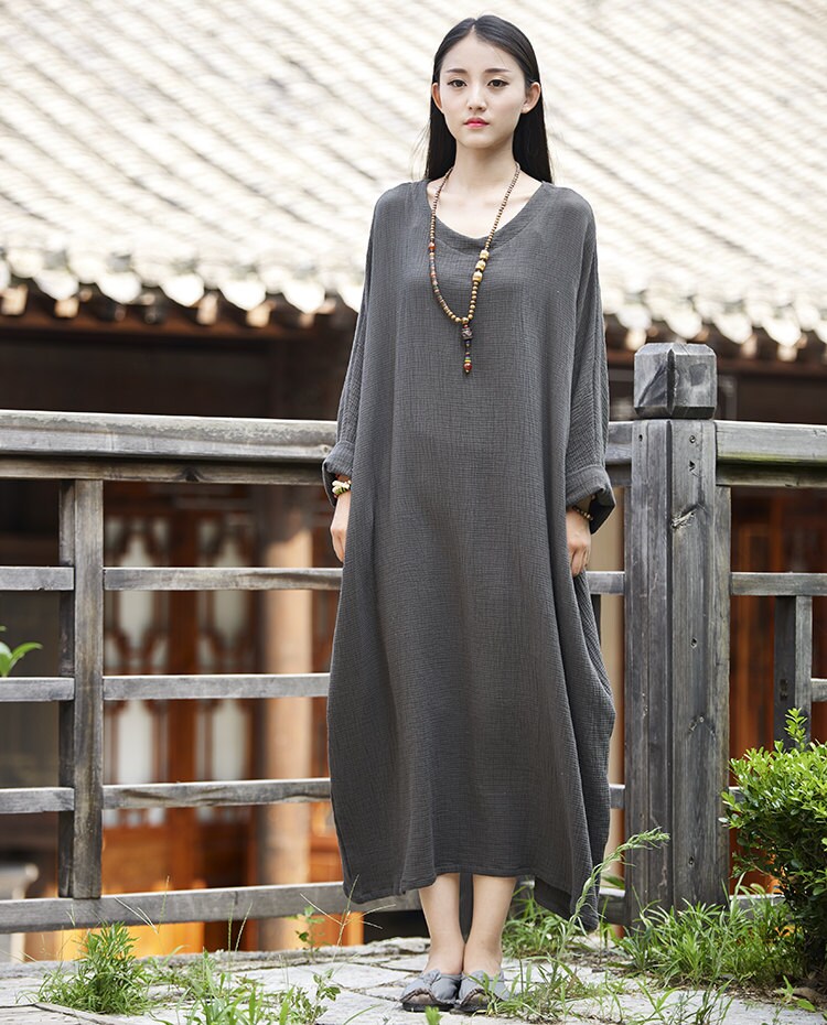 Womens Autumn Loose Fitting Long Sleeve Cotton Dress Robe With - Etsy