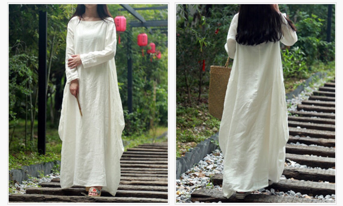 Womens Loose Fitting Long Sleeve Cotton Linen Long Dresses Etsy