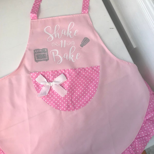 apron, pink polk a dot, shabby chic, Saying "shake n bake, kitchen apron, bridal gift, pretty in pink, girly apron, gift ideas for her,
