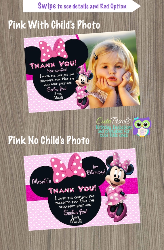 Minnie Mouse Thank You Card, Minnie Mouse Birthday, Minnie Mouse Party, Minnie Mouse card, Minnie Mouse Pink Il_570xn