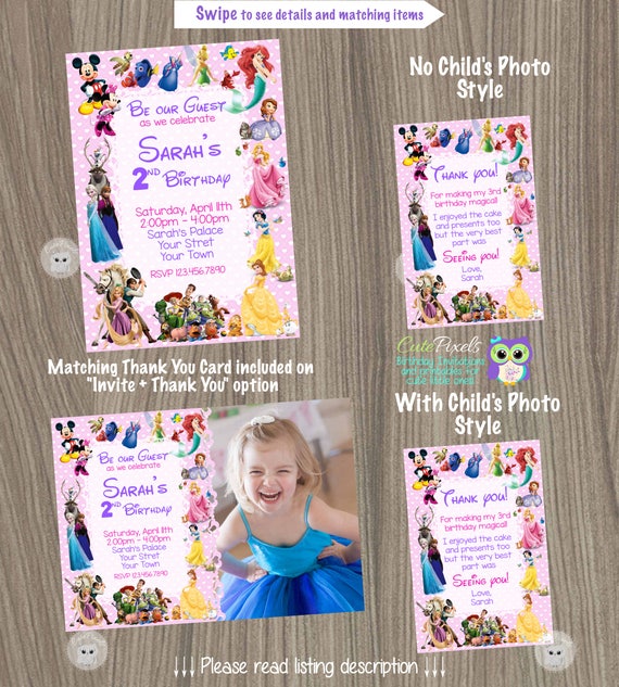 Disney Invitation, Disney Girl Invitation, Disney Characters Invitation, Disney Party, Disney Birthday, Disney Character Birthday Invitation Il_570xn