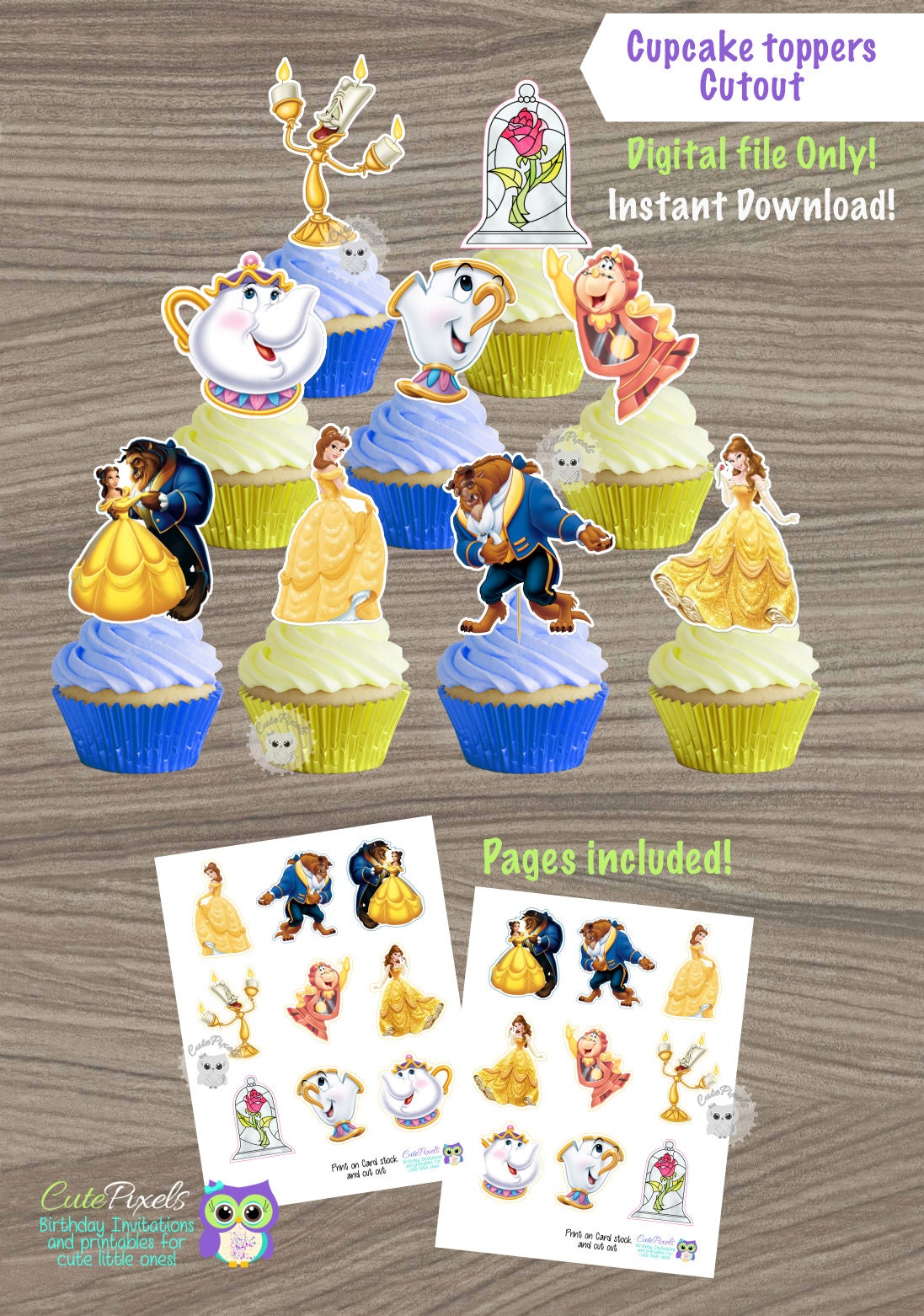 Beauty and Beast cupcake toppers Princess Belle Cupcake | Etsy