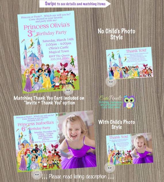 Disney Princess Invitation, Princess and Pirates Invitation, Princess Birthday Invitation, Pirate Invitation, Jake and the Neverland Pirate Il_570xn